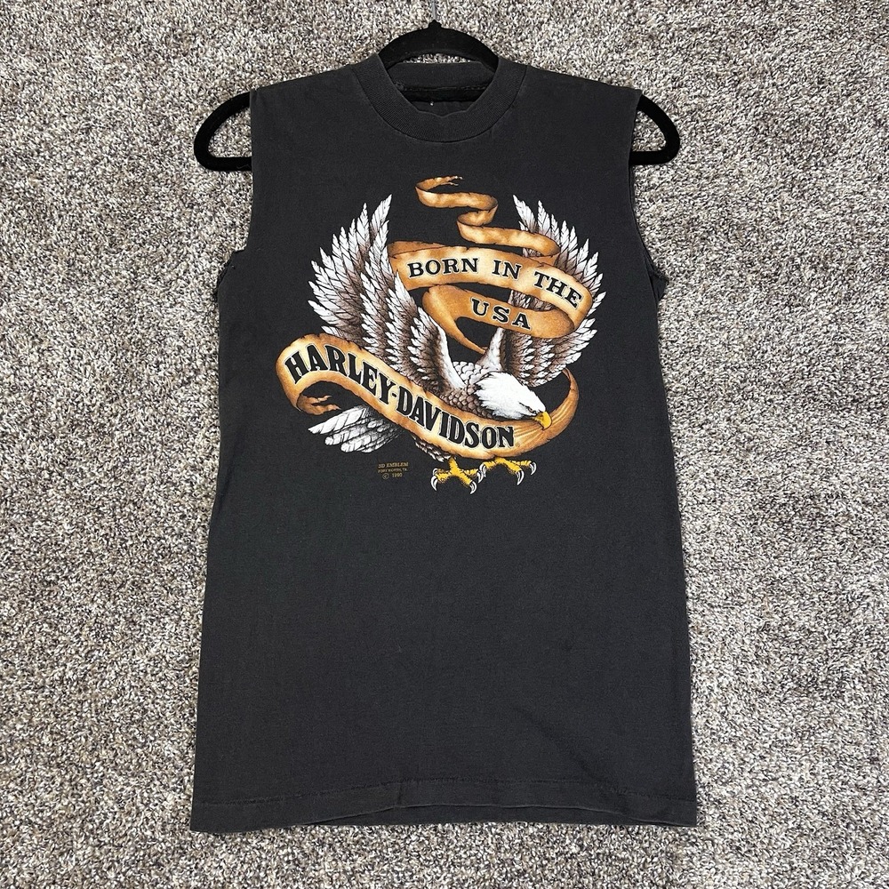 Vintage Harley Davidson 3D Emblem Size S Eagle USA Cutoff T-Shirt Orange County
